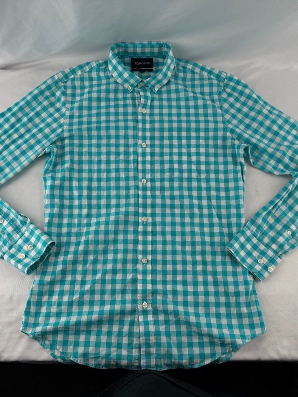 Bonobos Men Long Sleeve Button Down Shirt Teal White Gingham Check Tailored M